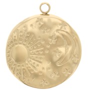 15.5 mm Round Hammered Pendant - Moon & Sun Pattern - Gold-Plated 304L Stainless Steel x1