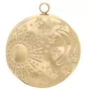 15.5 mm Round Hammered Pendant - Moon & Sun Pattern - Gold-Plated 304L Stainless Steel x1
