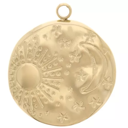 15.5 mm Round Hammered Pendant - Moon & Sun Pattern - Gold-Plated 304L Stainless Steel x1