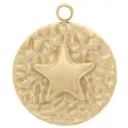 14mm 316L Stainless Steel Round Textured Star Pendant - Gold Tone x1