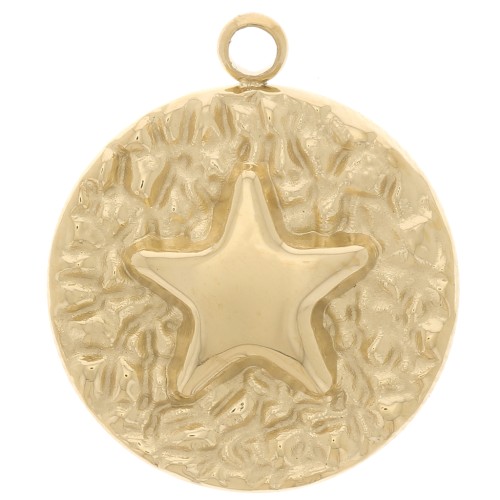14mm 316L Stainless Steel Round Textured Star Pendant - Gold Tone x1