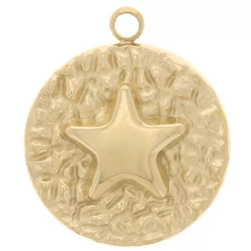 14mm 316L Stainless Steel Round Textured Star Pendant - Gold Tone x1