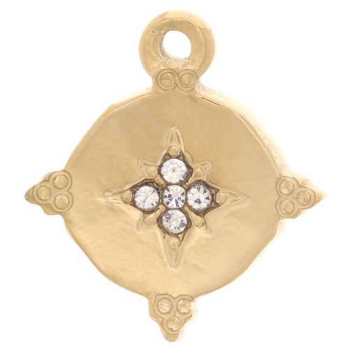 18mm 316L Stainless Steel Round North Star Pendant with zirconium oxide - Gold Tone x1