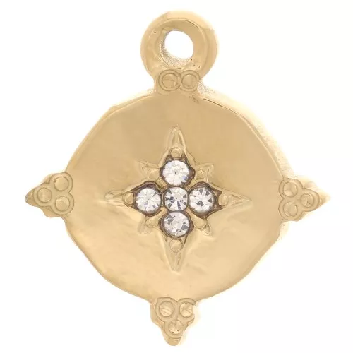 18mm 316L Stainless Steel Round North Star Pendant with zirconium oxide - Gold Tone x1