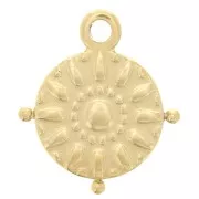 16 mm round charm with small beads - sun pattern - Gold-plated 304 stainless steel x1
