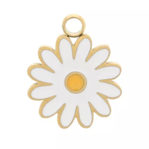 9.5mm daisy charm with epoxy resin - 304 stainless steel gold - White x1