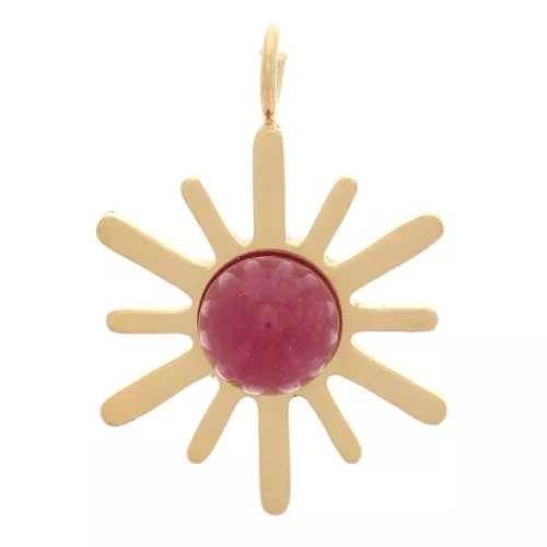 Sun charm 15x10 mm & gemstone - 304 stainless steel Gilded - Red agate