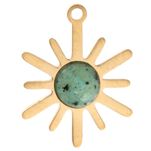 Sun Charm, 13.5 x 10.5 mm - Gold-Plated 316L Stainless Steel - African Turquoise - Jasper