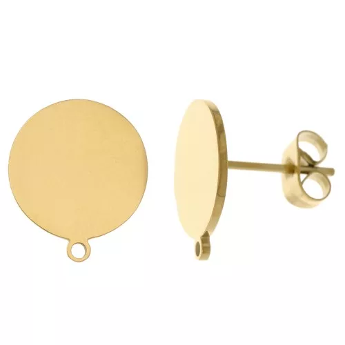 12mm 304 Stainless Steel Disc Earstuds with Ring - Gold Tone x2
