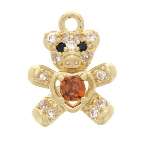 11x9mm Bear charm with zircons - Gold Tone - Crystal - Orange x1