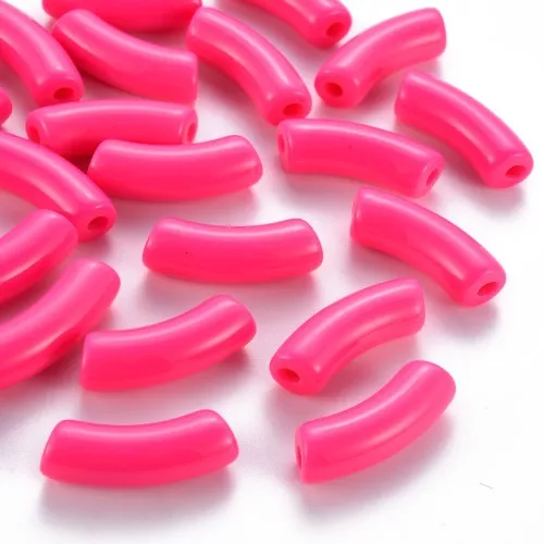 Curved tube beads 35x11 mm in opaque acrylic - Fluorescent pink x6