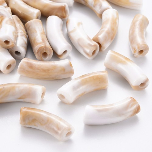 35x11mm Opaque Acrylic curved tube beads - Marbled White - Brown x6