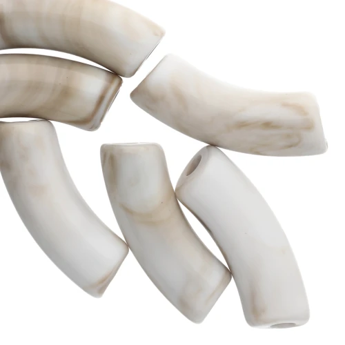 Curved tube beads 35x11 mm in opaque acrylic - Marbled White - Brown x6