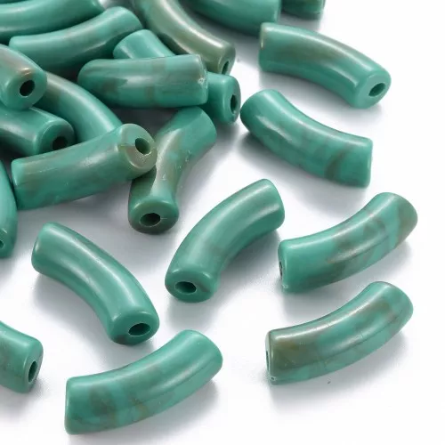 Curved tube beads 35x11 mm in opaque acrylic - Marbled Turquoise - Brown x6