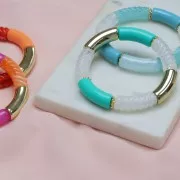 Curved tube beads 35x11 mm in opaque acrylic - Marbled Turquoise - Brown x6