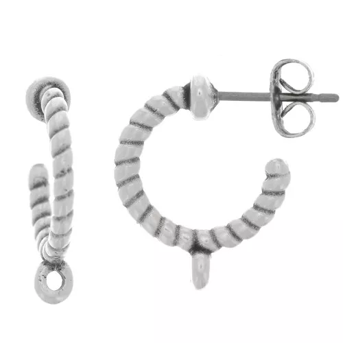 14mm Twisted rope open hoop earrings with ring - Antique silver plating x2