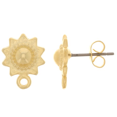 10mm Ethnic sunburst earstuds with ring - Fine Gold plating x2
