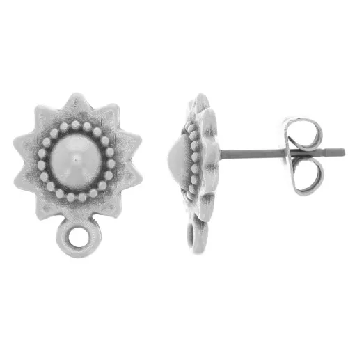 10mm Ethnic sunburst earstuds with ring - Antique silver plating x2