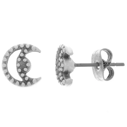 9x8mm Hollow moon earstuds - small balls - Antique silver plating x2