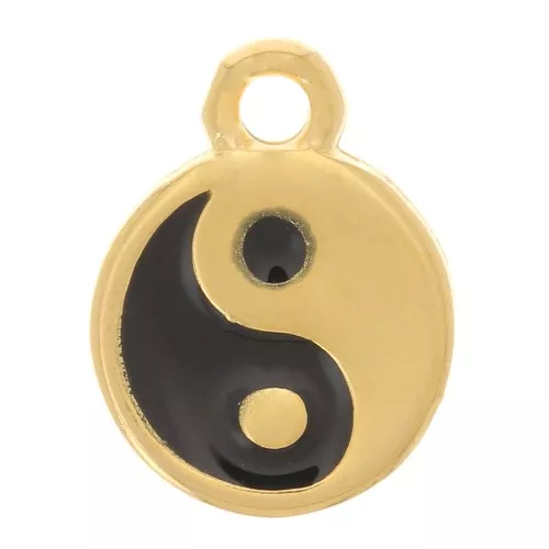 9mm round charm with epoxy resin - Yin Yang - Gold plated - Black x1