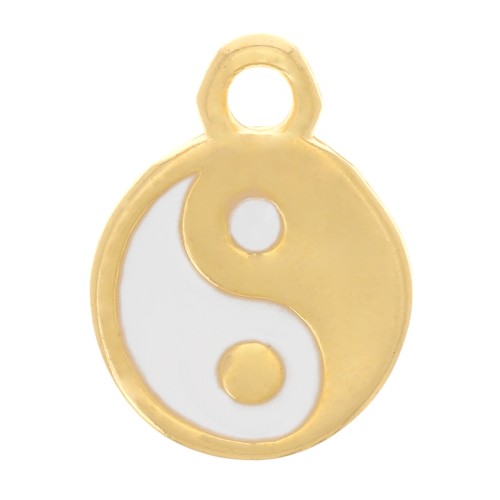9mm round charm with epoxy resin - Yin Yang - Gold plated - White x1