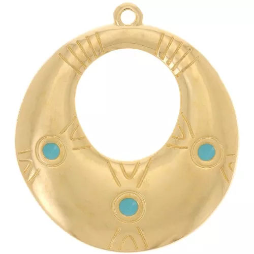 31x28mm Oval ethnic pendant with epoxy resin - Gold plated - Turquoise x1