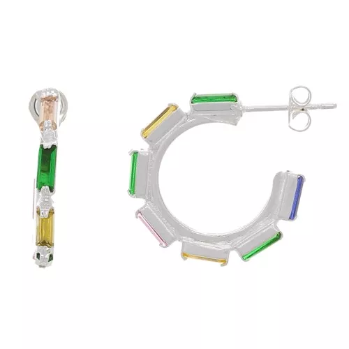 20mm Multicoloured rectangle glass hoop earrings - Fine Silver plated x2