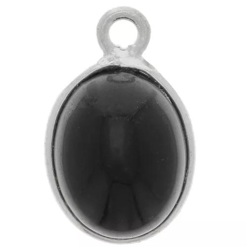 14x9mm 925 Sterling Silver Oval gemstone charm - Black Onyx x1