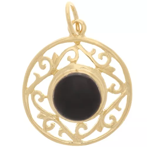 19mm Round openwork arabesque pendant & gemstone - Gold plated - Black Onyx x1