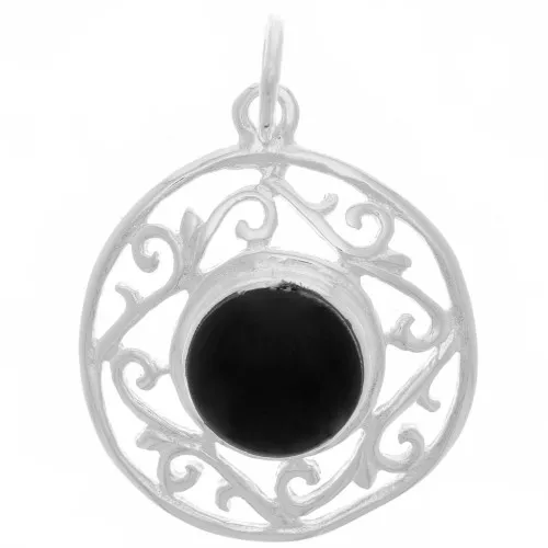 19mm Round openwork pendant & gemstone - Fine Silver Plating - Black Onyx x1