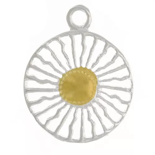 10mm 925 Sterling Silver Round charm - sun pattern - Fine Gold Plated x1