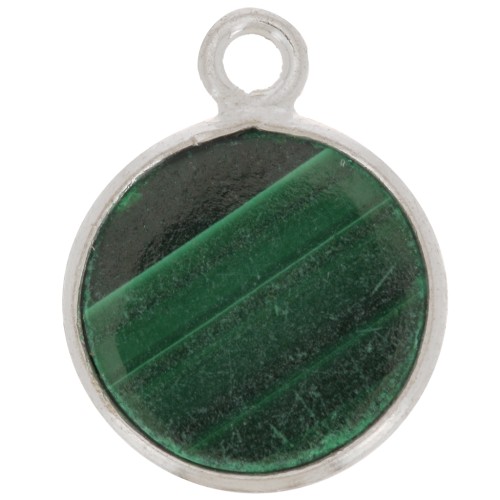 11mm 925 Sterling Silver Round Charm - Gemstone - Malachite x1