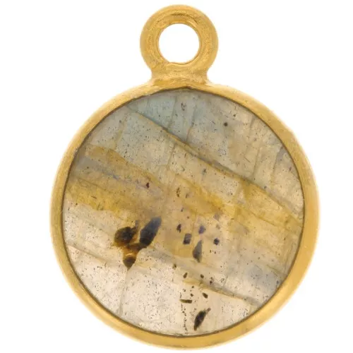 11mm 925 Sterling Silver Round Charm - Gemstone - Gold Plated - Labradorite x1