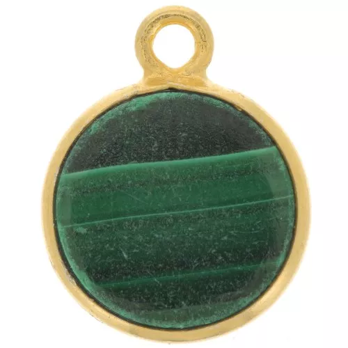 11mm 925 Sterling Silver Round Charm - Gemstone - Gold Plated - Malachite x1