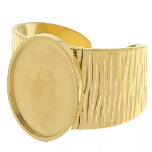 Stainless steel 304 Wide adjustable striated ring - for 14x10mm cabochon - Gold x1