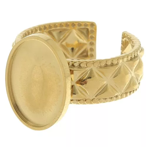 Stainless steel 304 Adjustable textured ring for 14x10mm cabochon - Gold Tone x1