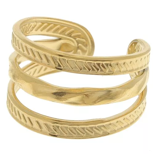 304 Stainless Steel 3 Row Wide striated Adjustable Ring - Gold Tone x1