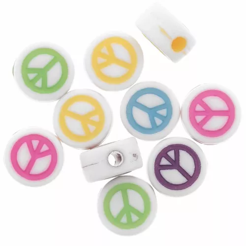 7mm Set of 10 round beads - peace and love - White - Multicoloured x1