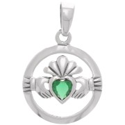 15mm 925 Sterling Silver Round Hollow Claddagh Pendant with Glass - Emerald x1|raw }}