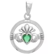 15mm 925 Sterling Silver Round Hollow Claddagh Pendant with Glass - Emerald x1