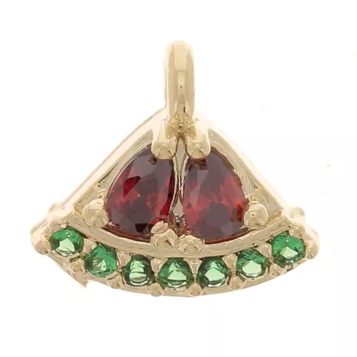 8x9mm Mini Watermelon Charm with Zirconium Oxides - Gold Tone - Multicoloured x1