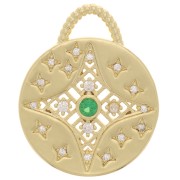 18.5mm Round Zirconium Oxide Pendant - Star pattern - Gold - Green - Crystal x1
