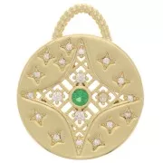 18.5mm Round Zirconium Oxide Pendant - Star pattern - Gold - Green - Crystal x1