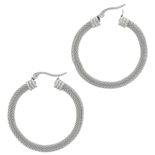 40mm Stainless steel 304 Round hoop earrings - tubular mesh effect x2