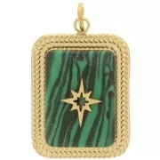 20x14mm Stainless steel 316L Rectangle gemstone pendant - GOLD Tone - Malachite x1
