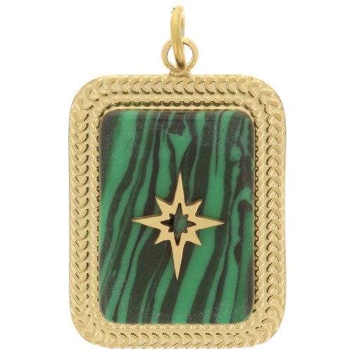 20x14mm Stainless steel 316L Rectangle gemstone pendant - GOLD Tone - Malachite x1