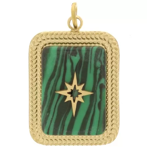 20x14mm Stainless steel 316L Rectangle gemstone pendant - GOLD Tone - Malachite x1