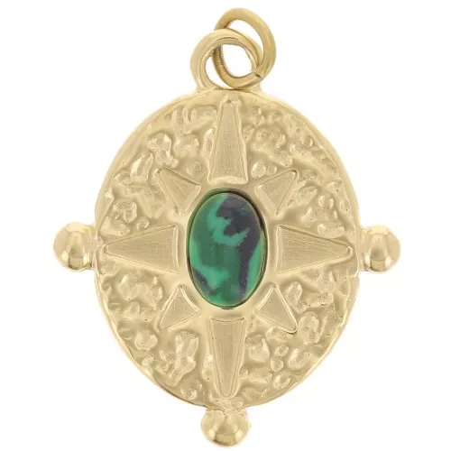 22x18mm Stainless steel 316L imitation gem oval pendant - Gold - Malachite x1