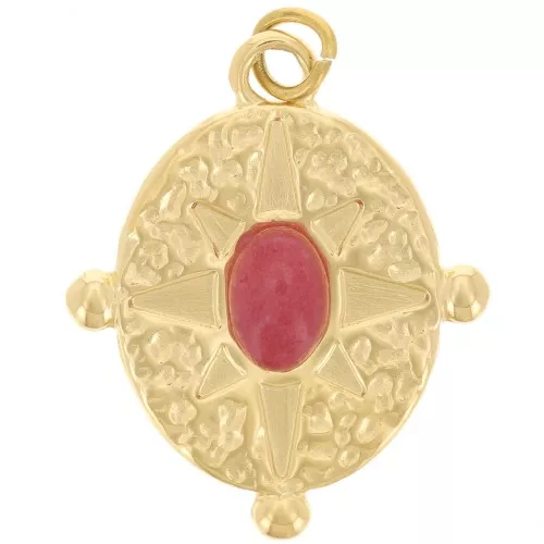 22x18mm Stainless steel 316L imitation gem oval pendant - Gold - Red agate x1