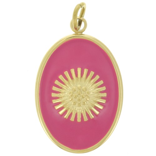 20x13mm Stainless steel 316L Oval pendant - sun - epoxy resin - Gold - Fuchsia x1